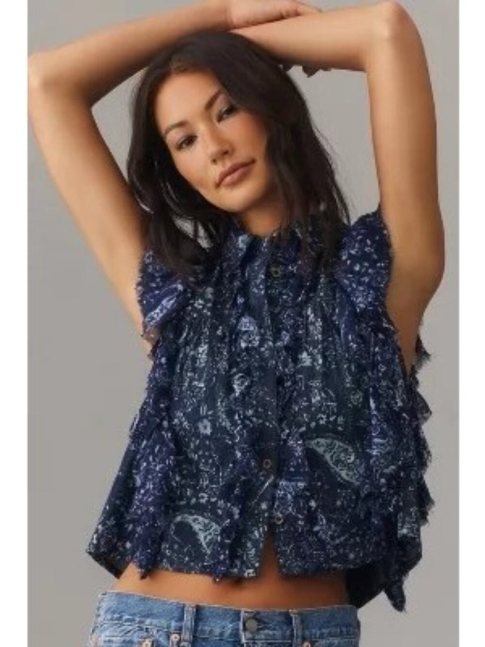 Pilcro Navy Denim Button Down Floral Ruffle Top